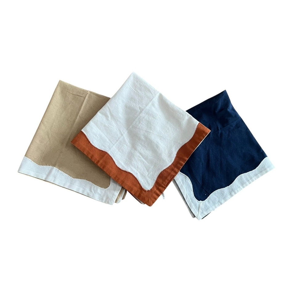 Anthropologie Ruby Scallop Border Napkins Set 3 NWOT Stone Navy Rust Orange Boho